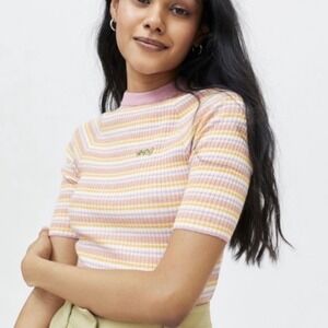 BDG Ribbed Striped Babydoll Mock Neck Short Sleeve Top Women M Pink Yellow White